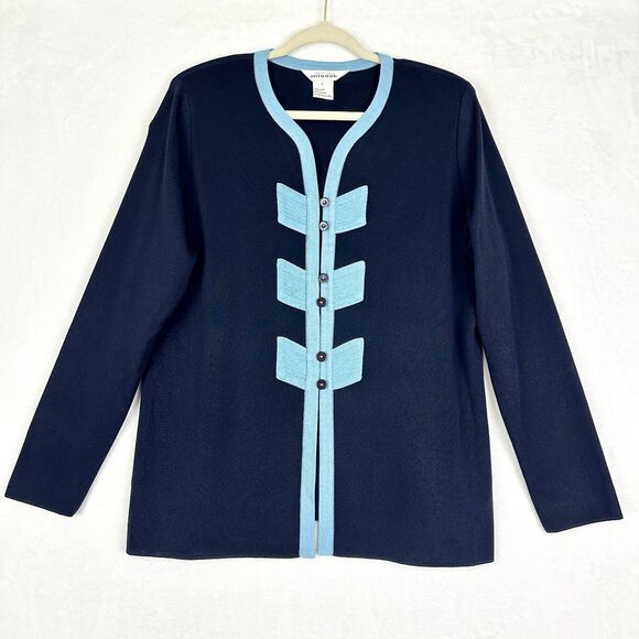 Misook Knit Contrast Cardigan Size Large Navy Blue Button Front Minimalist - Picture 1 of 4